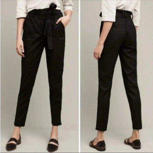 Anthropologie Elevenses  Linen High Waist Paper Bag Romy Cargo Pants Black Sz M - Picture 1 of 8